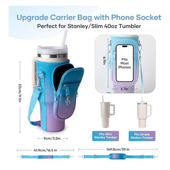 Water Bottle Carrier w/ Phone Pocket Insulated Neoprene Holder Crossbody Strap - Picture 8 of 9
